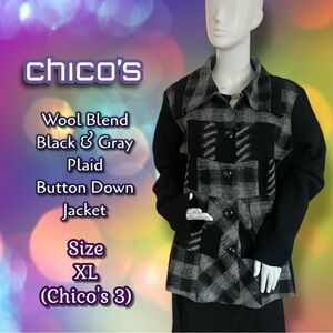 Chico's Women's Black & Gray Plaid Wool Blend Jacket XL Chico's Sz 3